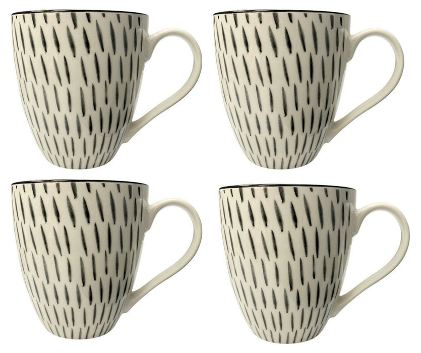 Set of 4 Jumbo Porcelain Mugs Black & White Brush Stroke Design Coffee Cup 560ml