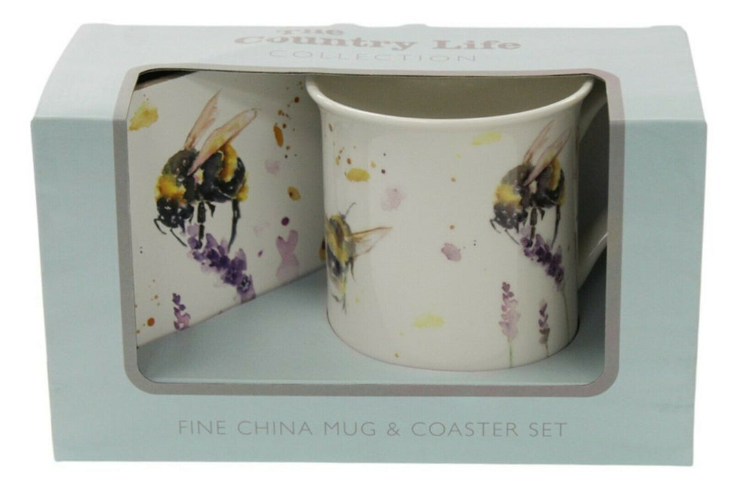 Set Of 4 Leonardo Fine China Large Mugs & Coaster Gift Set Country Bees Theme