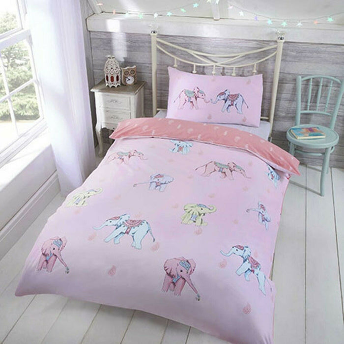 Children's Duvet Cover - Single Cotton Easy Care Pink with Elephants Bedding Set