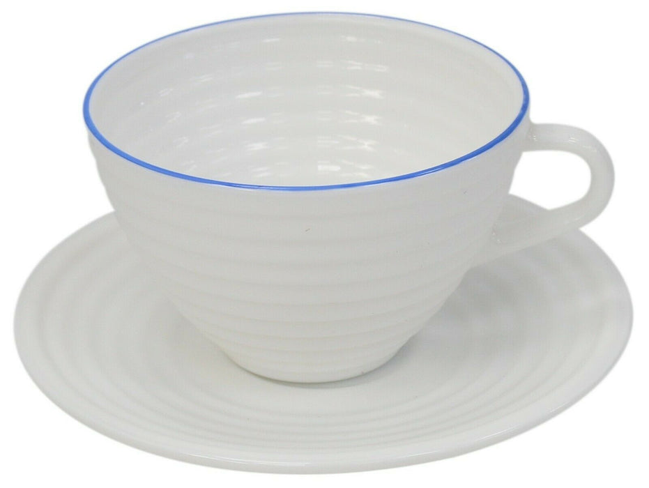 Set of 6 Tea Cups & Saucer Set Opal White Glass Rippled Design, 6 Mugs 6 Saucers