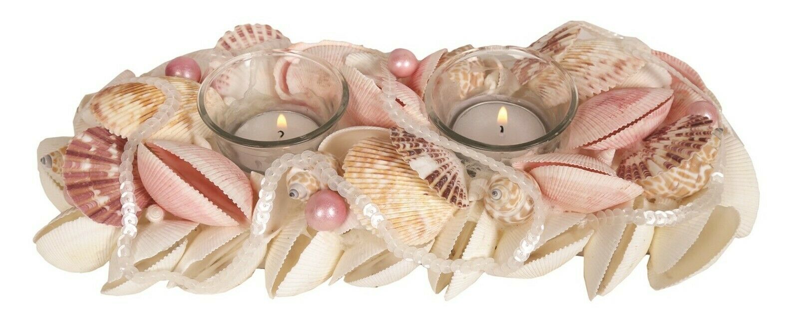 Decorative Sea Shell Tea Light Holder Pink Accents Holds 2 Tea Lights Candles
