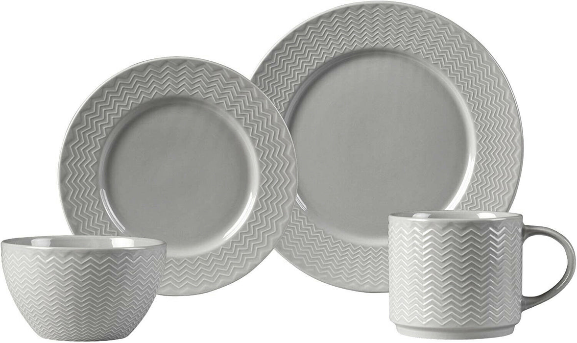 16 Piece Ceramic Dinner Set Plates Bowls Mugs Rippled Grey Dinnerware Set