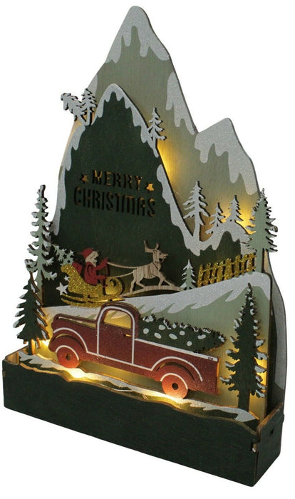 LED Wooden Christmas Mountain Scene Xmas Light Up Ornament Festive Antique Setting