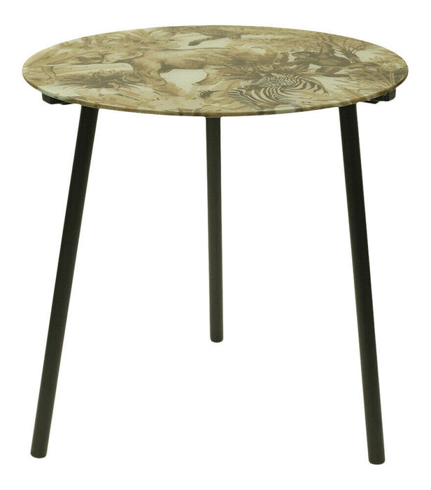 40cm Round Side Table Glass Safari Print Tray Top 3 Metal Legs Tea Coffee Table