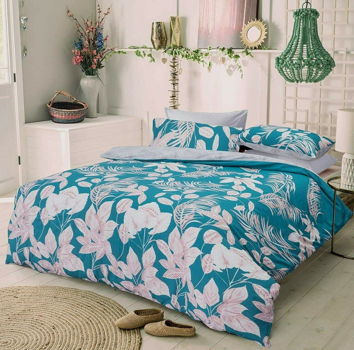Blue Leaf Design Bedding Set King Size Polycotton Duvet Cover & Pillowcase Set