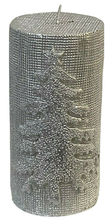 Set x 4 Christmas Tree Silver Pillar Candle 45 Hr Cylinder Textured Wax Candle