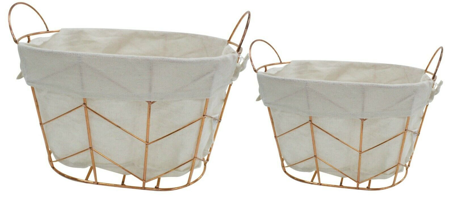 Set Of 2 Oval Lined Metal Copper Baskets Storage Baskets Home Decor Handles