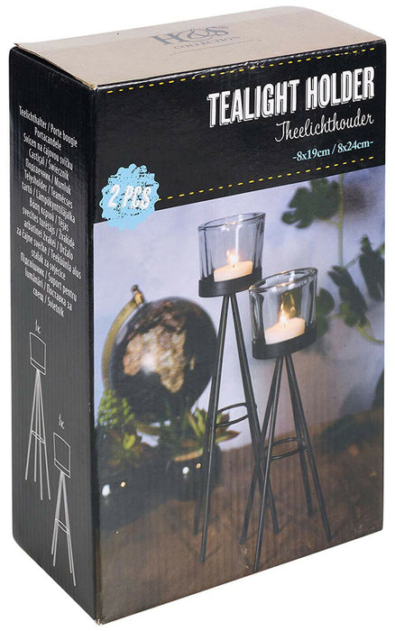 Set Of 2 Tealight Candle Sticks Black Metal Tripod Stand Candle Holder Display