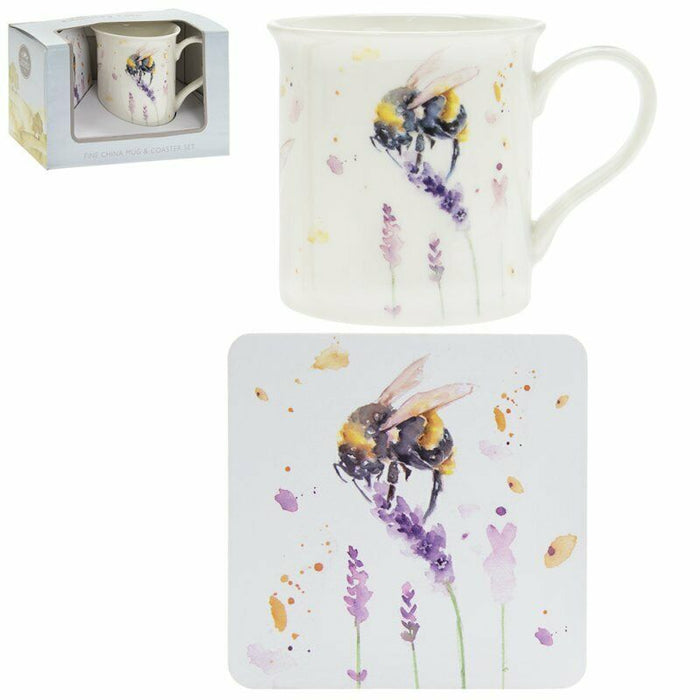 Set Of 4 Leonardo Fine China Large Mugs & Coaster Gift Set Country Bees Theme