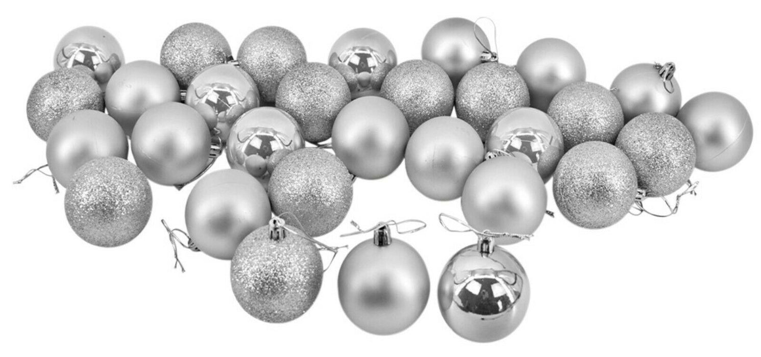 Rammento 36 Shatterproof Baubles, Silver | 6cm (2.36”) Large Outdoor / Indoor Christmas Decorations | Shiny, Matt & Glitter Hanging Xmas Tree Ornaments