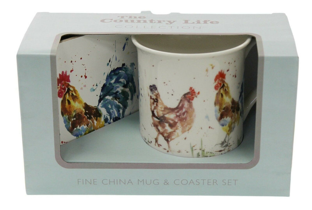 Set Of 4 Leonardo Fine China Large Mugs & Coaster Gift Set Country Chicken Theme