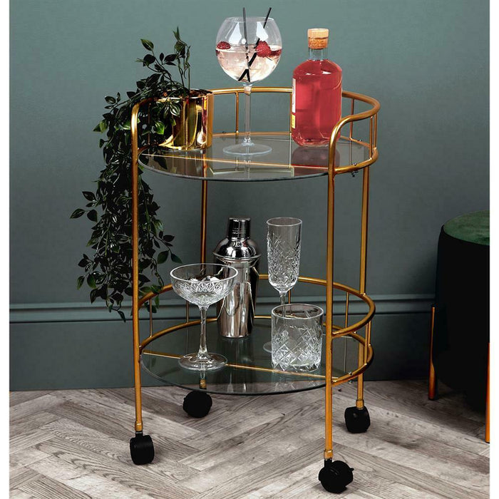 2 Tier Drinks Trolley Gold Effect Frame 2 Clear Glass Shelves On Wheels 60cm