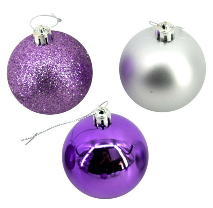 Rammento 36 Piece Set of Shatterproof Silver & Purple Christmas Tree Baubles 6cm