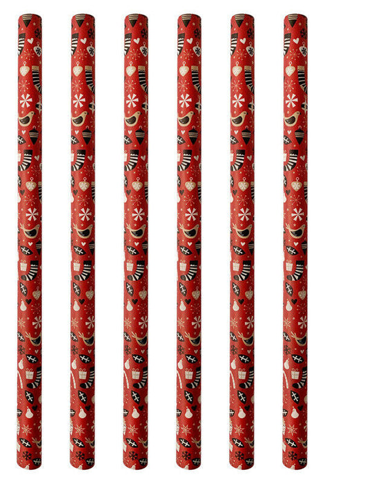 Red Christmas Wrapping Paper 6 Rolls 12m Of Stocking & Presents Design Gift Wrap