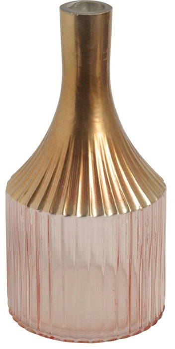 26cm Tall Bottle Vase Rippled Glass Bottle Flower Vase & Long Gold Bronze Neck