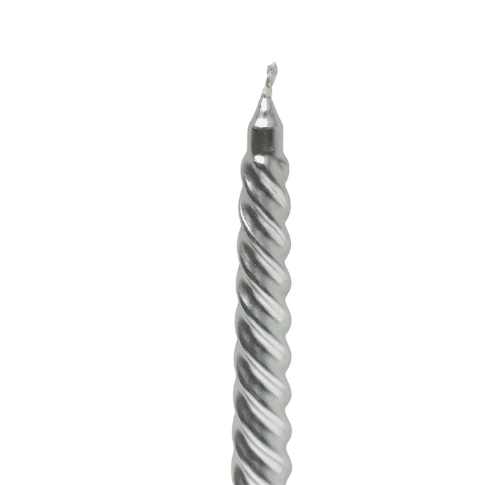 Set x 6 Taper Silver Candles 4.5 Hr Metallic Spiral Dinner Wax Christmas Candle
