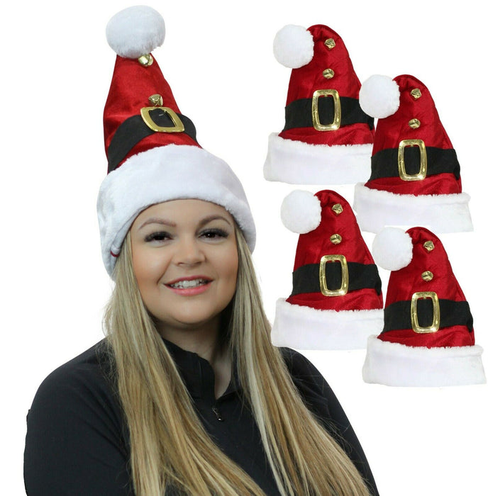 Christmas Santa Hat Set of 4 Adult Unisex Red Velvet White Fur Pompom Jingle Bel