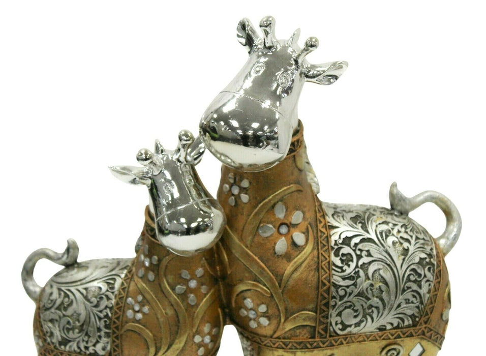 Gold And Silver Cow & Calf Figurine - Adult And Child Standing Resin Ornament
