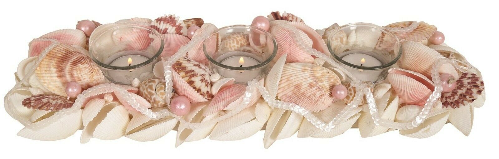 Decorative Sea Shell Tea Light Holder Pink Accents Holds 3 Tea Lights Candles
