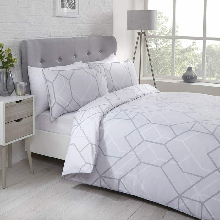 Grey & White Bedding Set Honeycomb Design Single Duvet Cover & Pillowcase