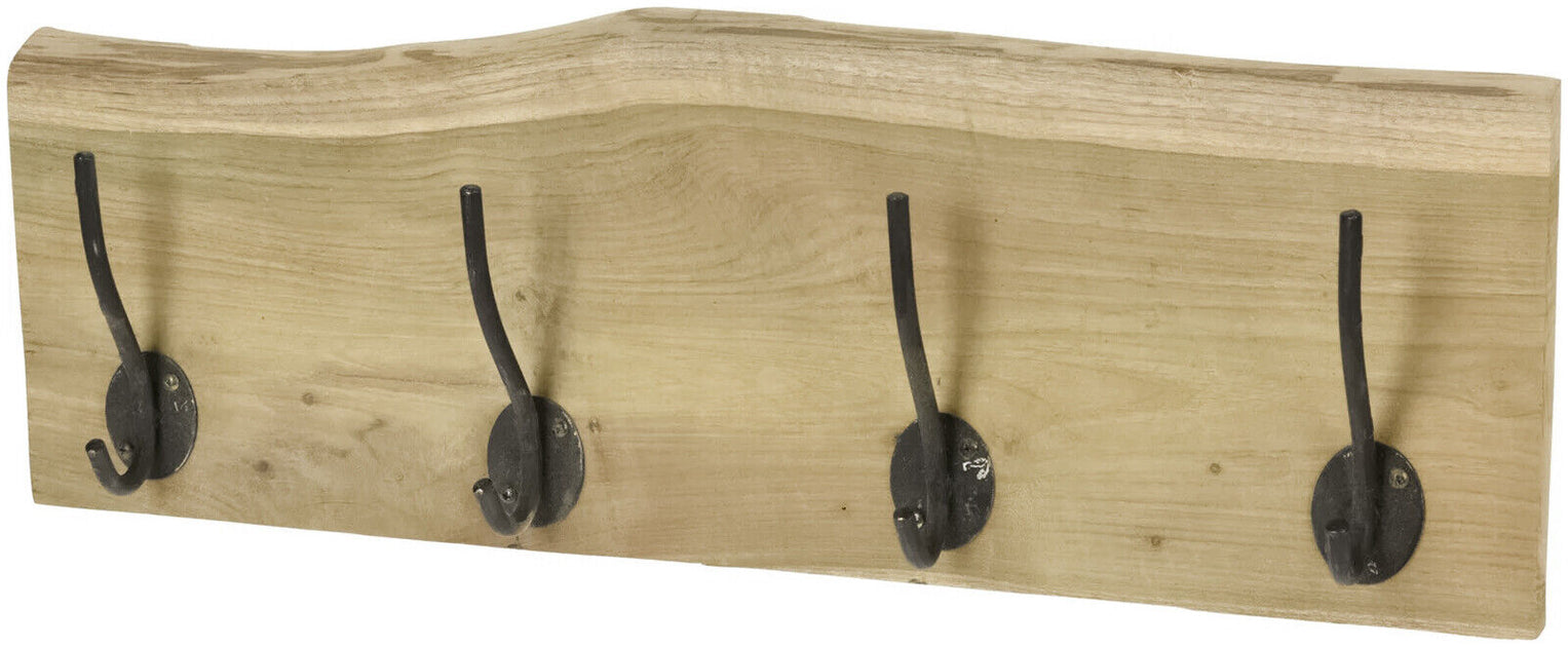 Wooden Coat Rack 4 Cast Iron Hooks Wall Mounted Teak Wood Rail Hanging