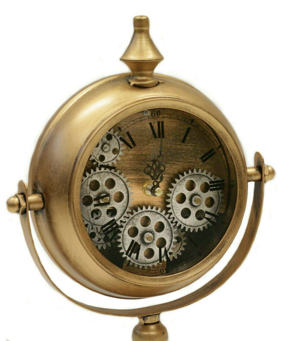38cm Large Gold Metal Vintage Cog Design Mantelpiece Clock Roman Numerical