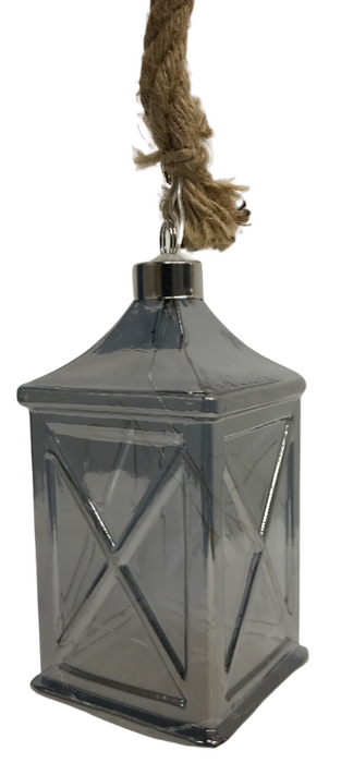 Christmas Glass Lantern On Rope LED Light-Up Silver Tinted Hanging Xmas Décor