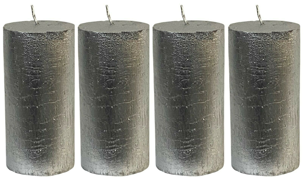 Set x 4 Silver Pillar Candles 40Hr Metallic Cylinder Wax Pillar Candle Xmas 12cm