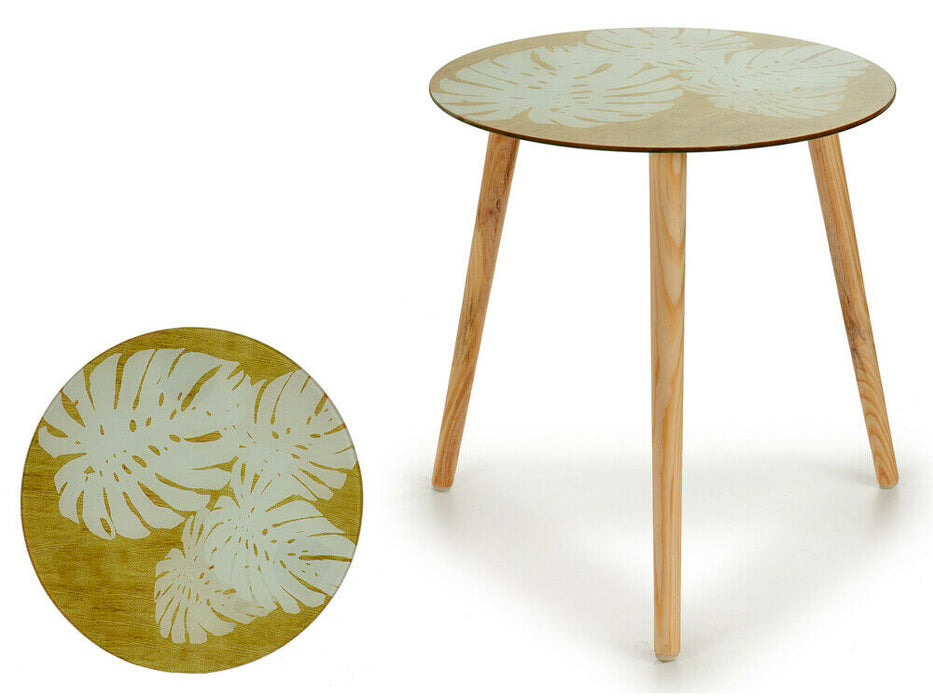 40cm Round Side Table Glass Leaf Print Tray Top 3 Wooden Legs Tea Coffee Table