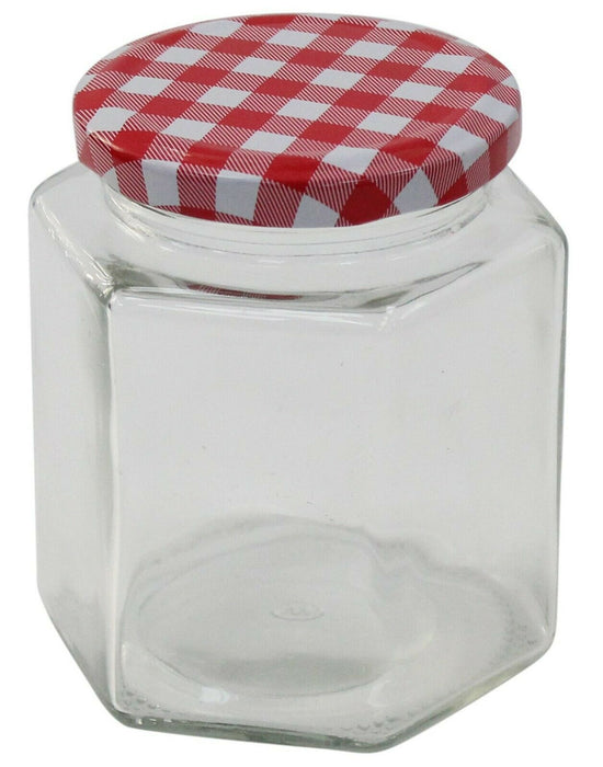 Glass Preserve Jars Jam Chutney Honey Jars Tartan Lid Hexagon Set Of 12 x 280ml