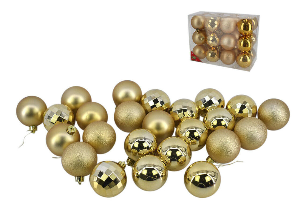 Rammento 24 Pack Large Shatterproof Baubles, Gold, | 6cm (2.36") Outdoor/Indoor  Christmas Decorations | Shiny Matte & Glitter