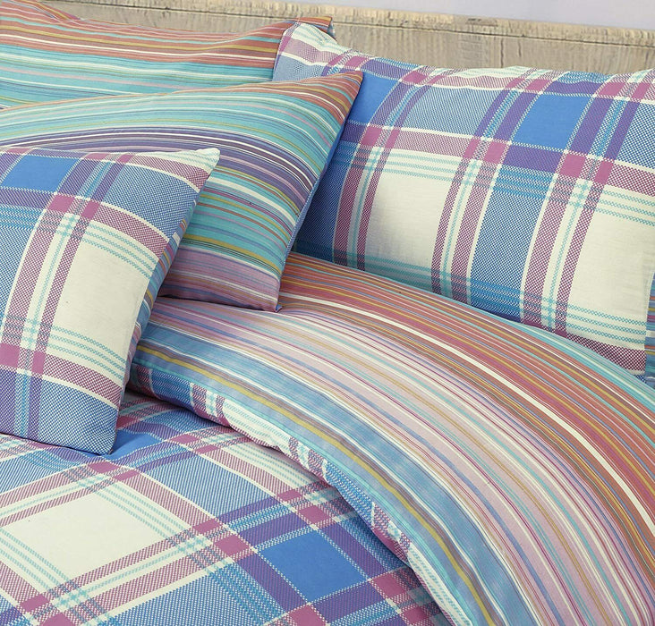 Checked Bedding Set Blue & Pink Cotton Double Reversible Duvet & Pillowcase Set