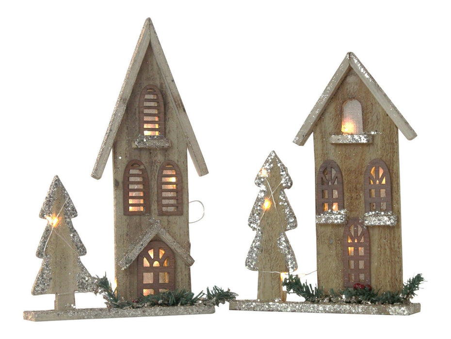 Wooden Christmas Decoration - House LED Lights Traditional Glittery Ornament