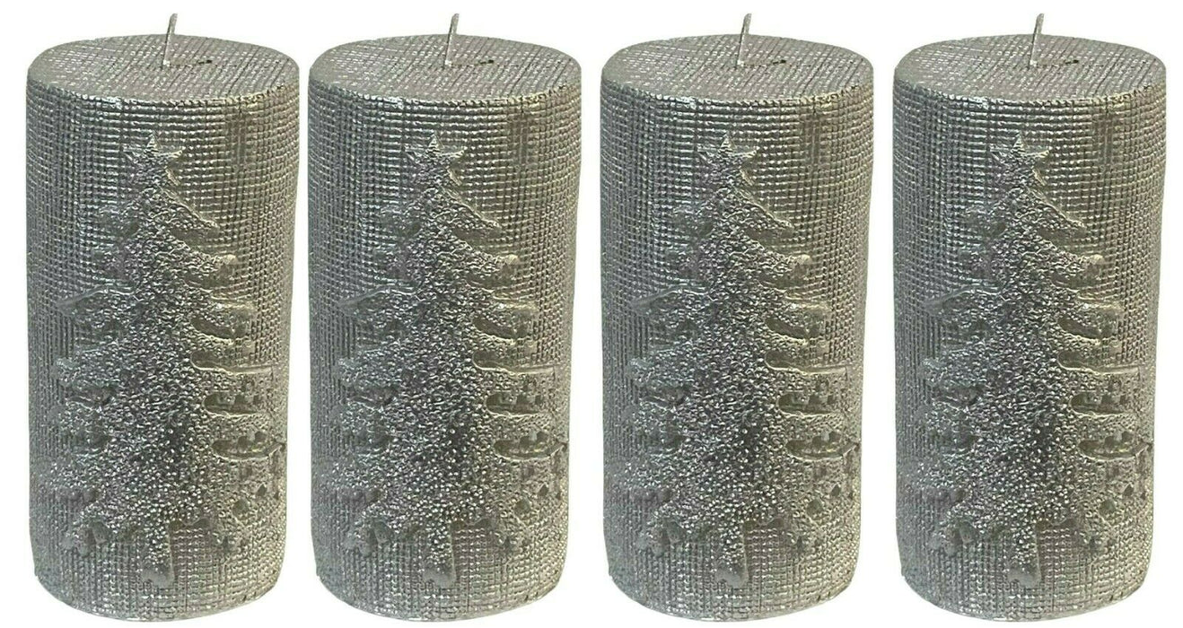 Set x 4 Christmas Tree Silver Pillar Candle 45 Hr Cylinder Textured Wax Candle