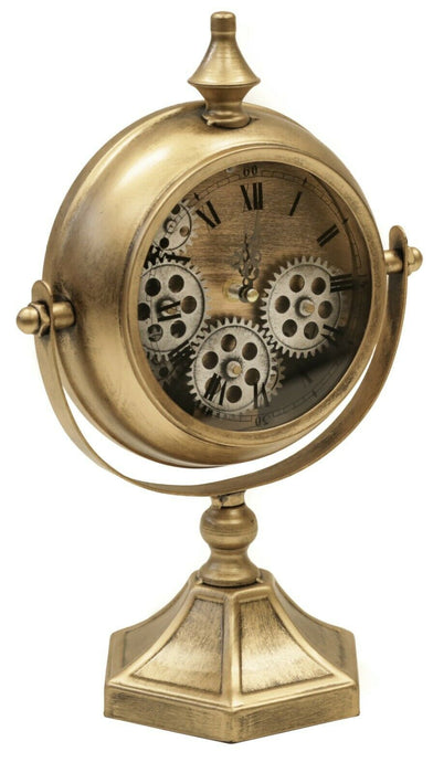 38cm Large Gold Metal Vintage Cog Design Mantelpiece Clock Roman Numerical