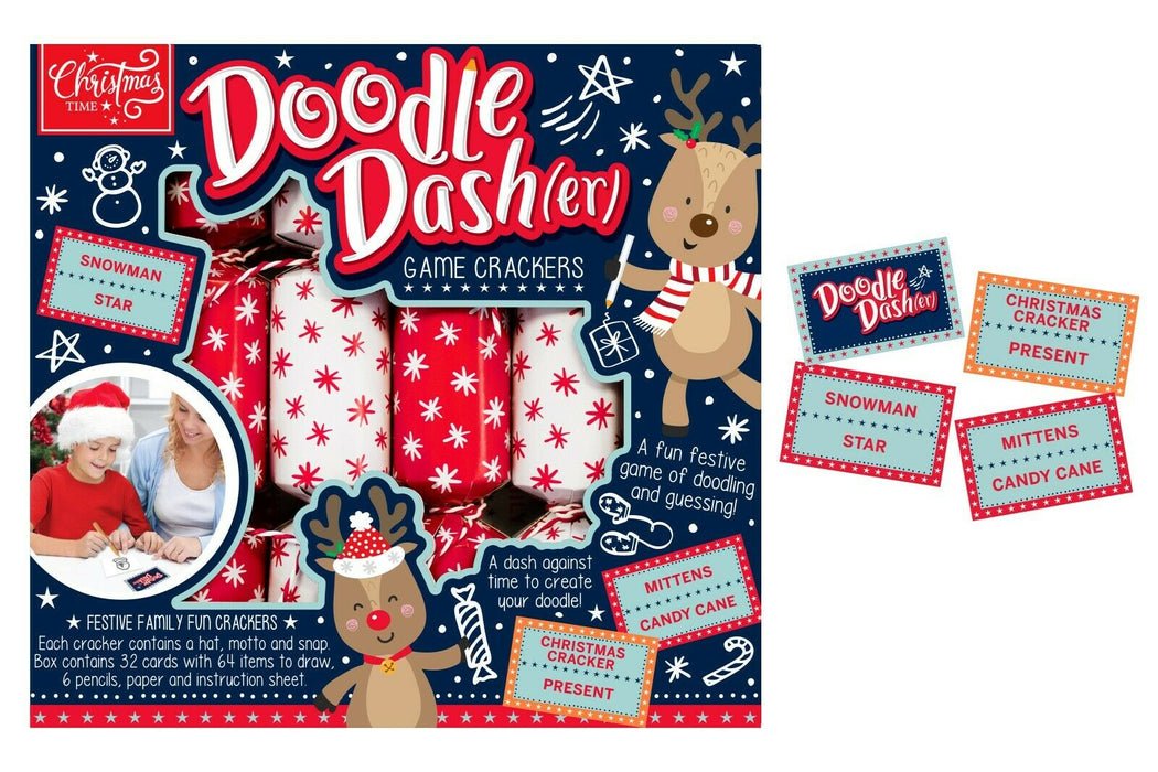 12x Doodle Dashers Novelty Christmas Crackers with Games, Red & White 9" (22cm)