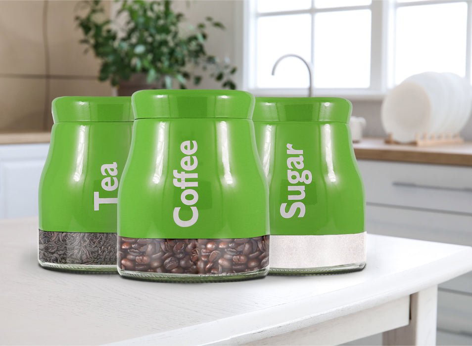 Set of 3 Green Glass Tea Coffee Sugar Canister Caddy Set Large 900ml