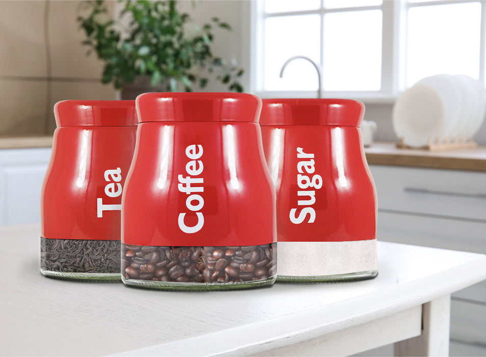 Set of 3 Red Glass Tea Coffee Sugar Canister Caddy Set Large 900ml