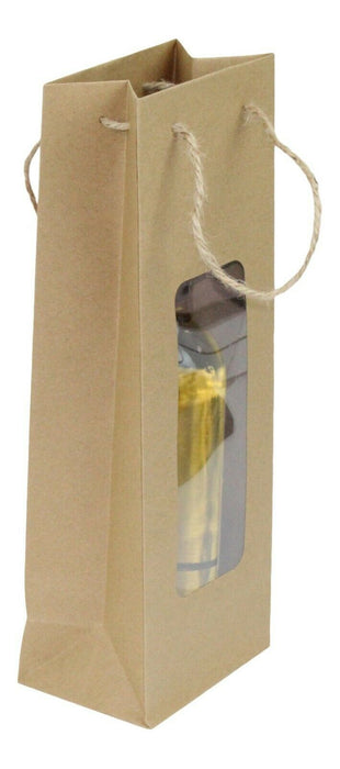 Gift Bag For Wine - Brown Paper Clear Window For Party Christmas Present Bottle